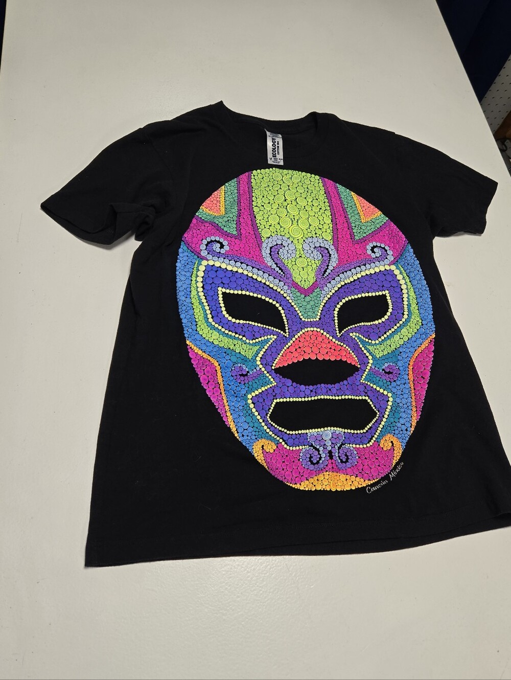 Ecology Mens Black T-Shirt with Colorful Lucha Mask Graphic Artsy Unique Large